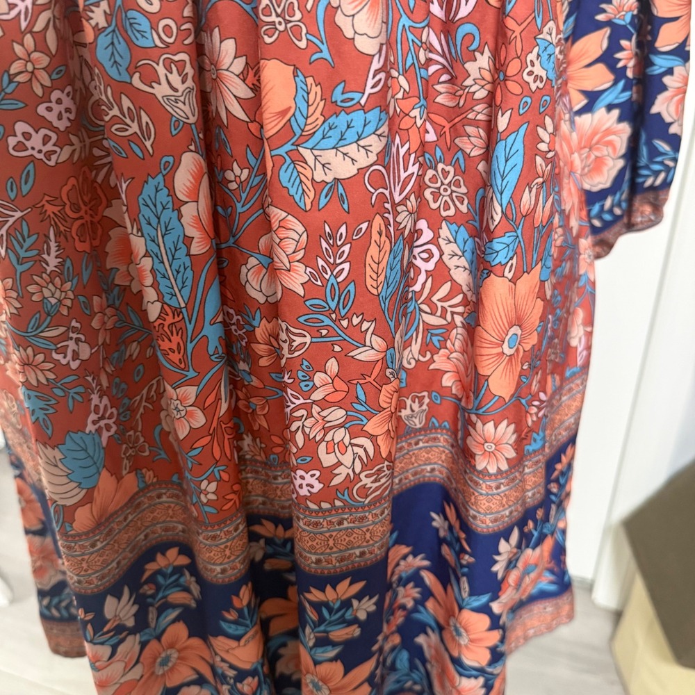 Flowy Bohemian Orange Blue Paisley Floral Mini V Neck Womens Large Dress cottage - Picture 7 of 10